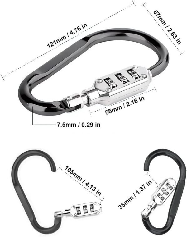 D Shaped Code Lock Aluminum Carabiner Multifunctional Black Lock Carabiners with Spring Rope for Looped Bike Security Cable Lock Fence Lock Outdoor Lock