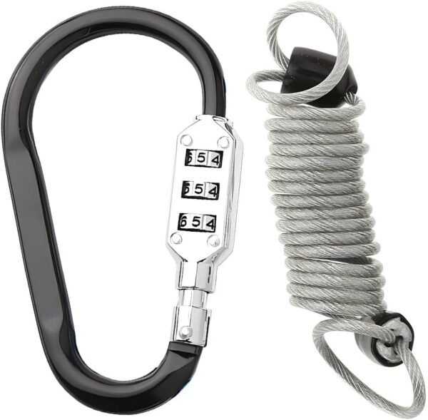 D Shaped Code Lock Aluminum Carabiner Multifunctional Black Lock Carabiners with Spring Rope for Looped Bike Security Cable Lock Fence Lock Outdoor Lock