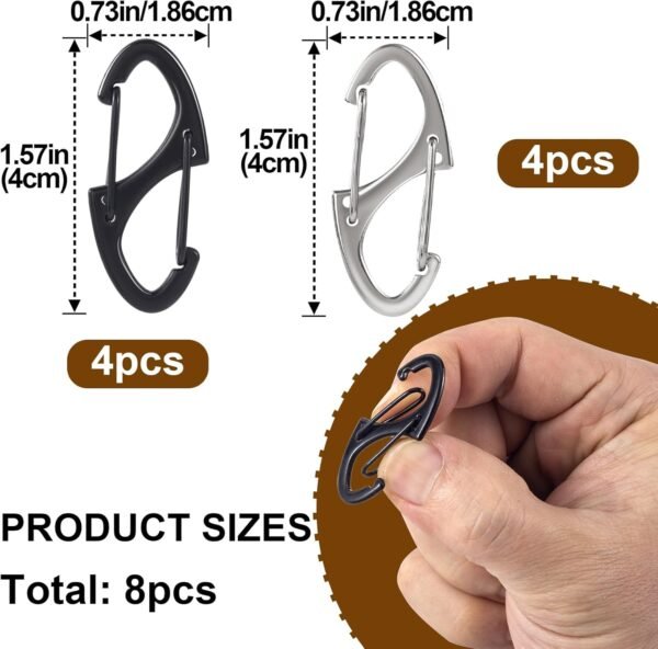 8pcs Zipper Anti Theft Locks, S Dual Opening Spring Carabiner for Backpacks, Zinc Alloy Zipper Pller Replacement for Camping Hiking Fishing Traveling- Black & Silver