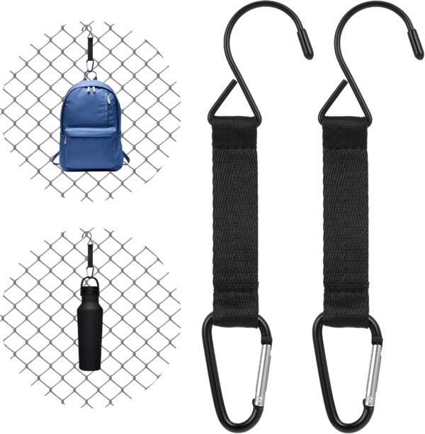 2 Pieces Fence Hooks for Baseball Bag Multifunctional Hanging Hooks Metal Hook with Nylon Safety Buckles Water Bottle Backpack Hang Clips for Softball Football Bag Outdoor Sports