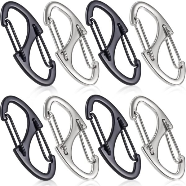 8pcs Zipper Anti Theft Locks, S Dual Opening Spring Carabiner for Backpacks, Zinc Alloy Zipper Pller Replacement for Camping Hiking Fishing Traveling- Black & Silver