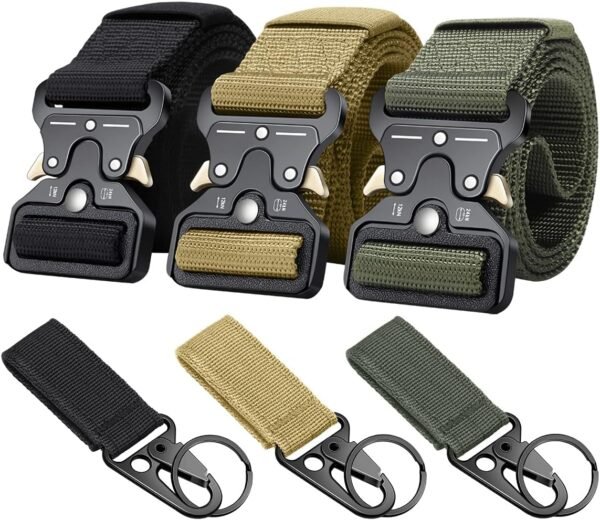 3-Pack Military Style Tactical Belts for Men, Quick-Release Metal Buckle with  Key Ring Holder