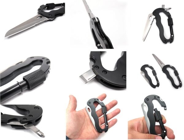 Stainless Steel EDC 5 in 1 Aluminum Climbing Carabiner Hook Gear Multi-functional Tool Buckle Rock Lock Keychain with Knife+Screwdriver+Bottle Opener for Mountain Climbin