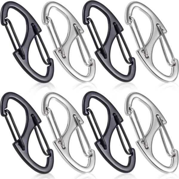8pcs Zipper Anti Theft Locks, S Dual Opening Spring Carabiner for Backpacks, Zinc Alloy Zipper Pller Replacement for Camping Hiking Fishing Traveling- Black & Silver